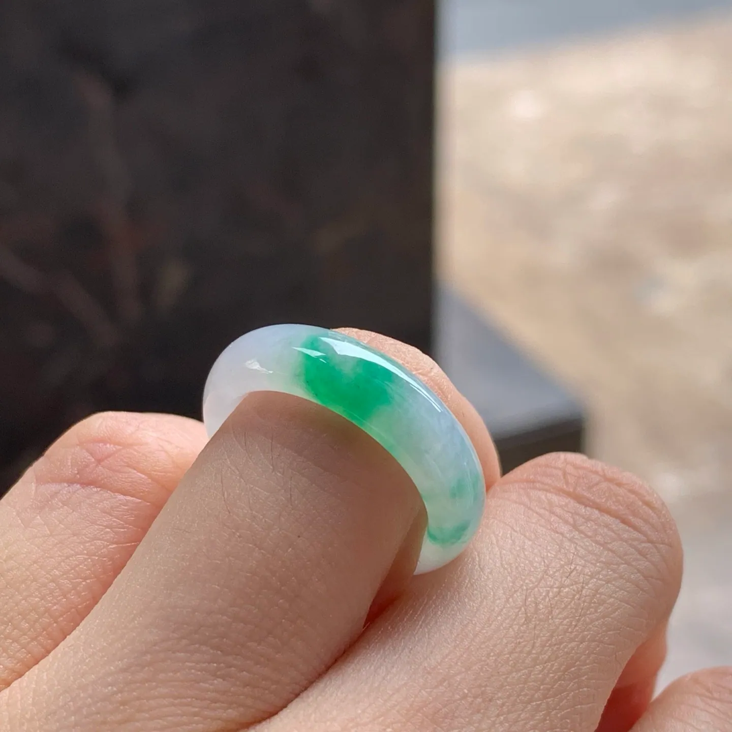 Type A Jadeite Band Ring, Icy Green Flower, 17.1mm (5)