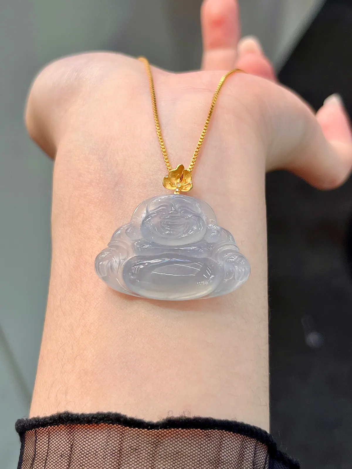 Type A Jadeite Laughing Buddha Pendant, Blue Tint, 18K Gold