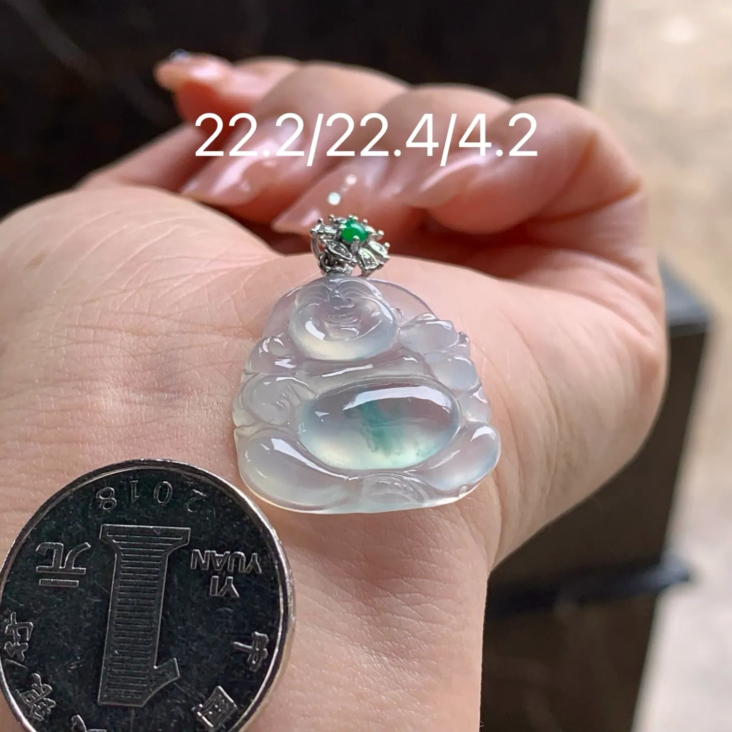 Type A Jadeite Buddha Pendant, Icy Blue Flower, 18K Bail (7)