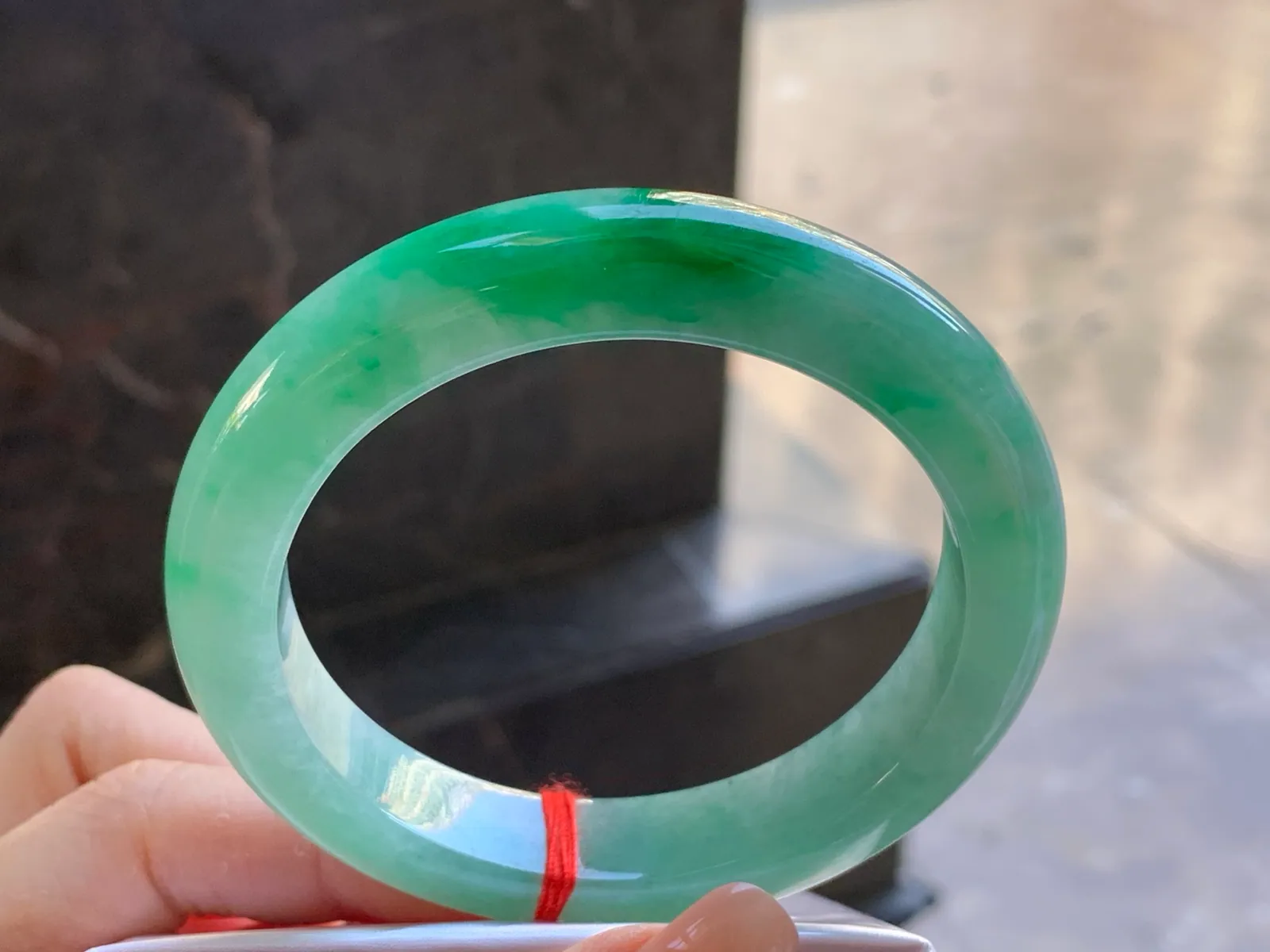 Type A Jadeite Flat Bangle, Green Patches, 57.6mm