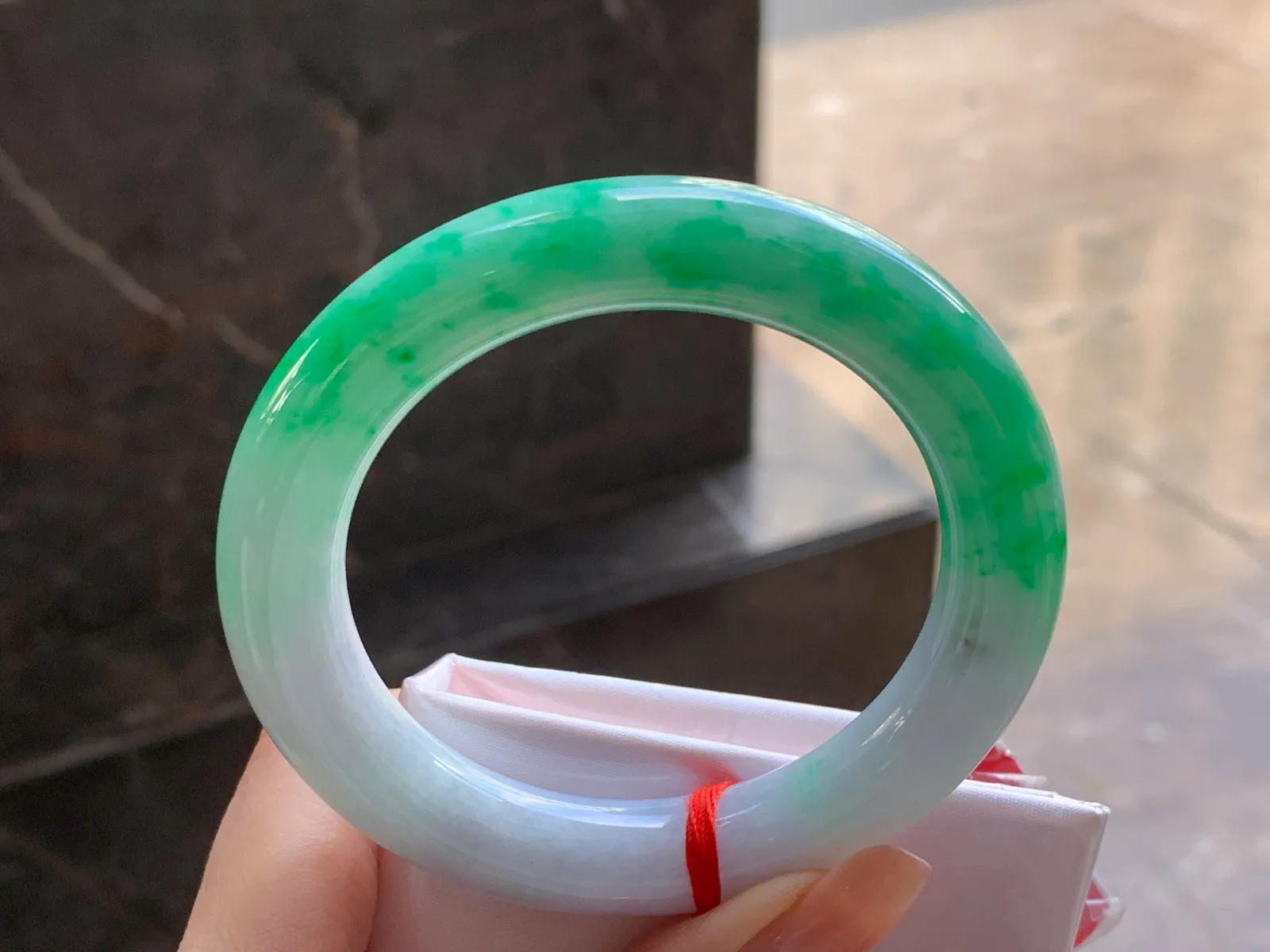 Natural Type A Jadeite Round Bangle, Green on White, 56.2mm (6)