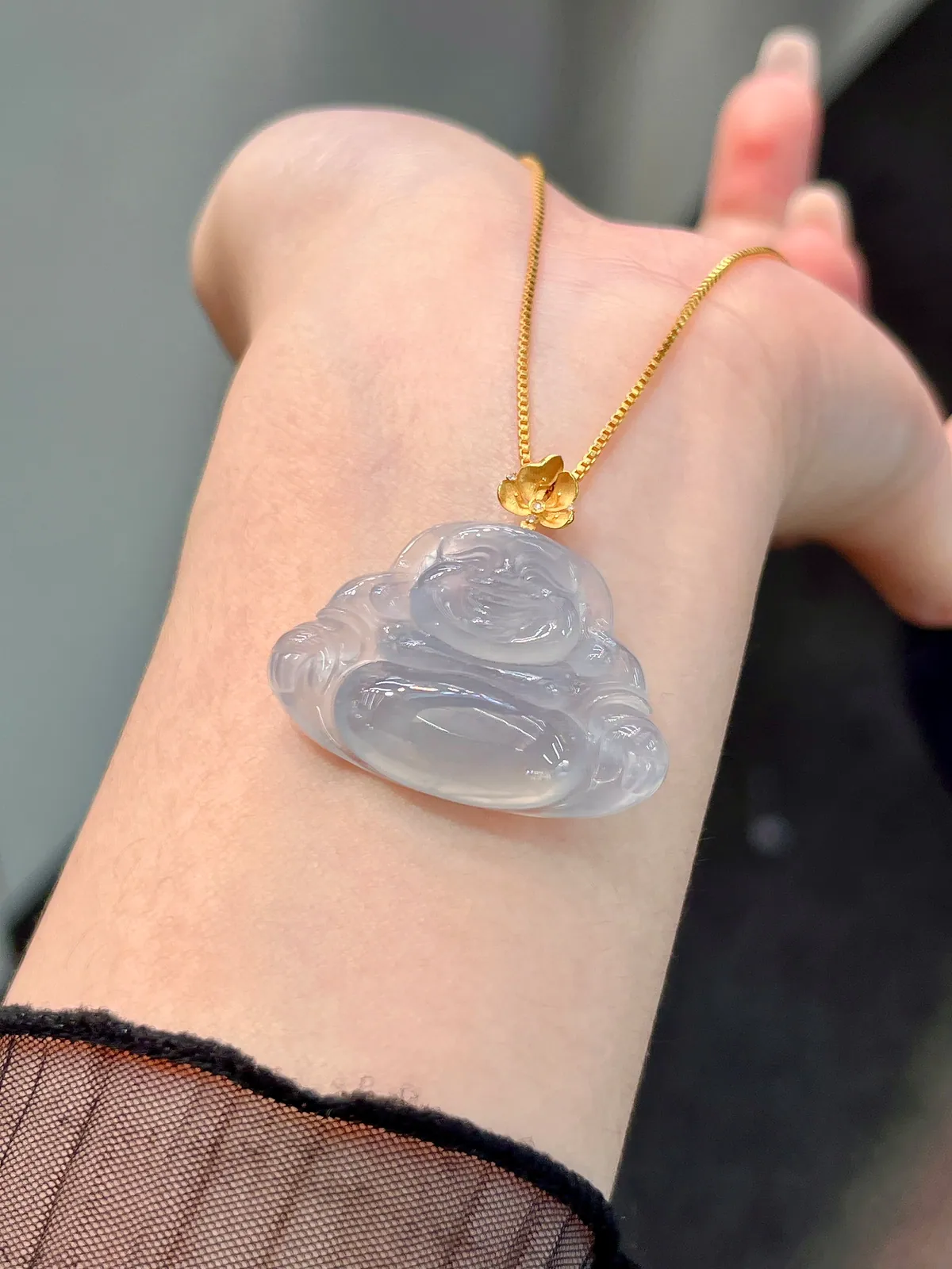 Type A Jadeite Laughing Buddha Pendant, Blue Tint, 18K Gold (3)