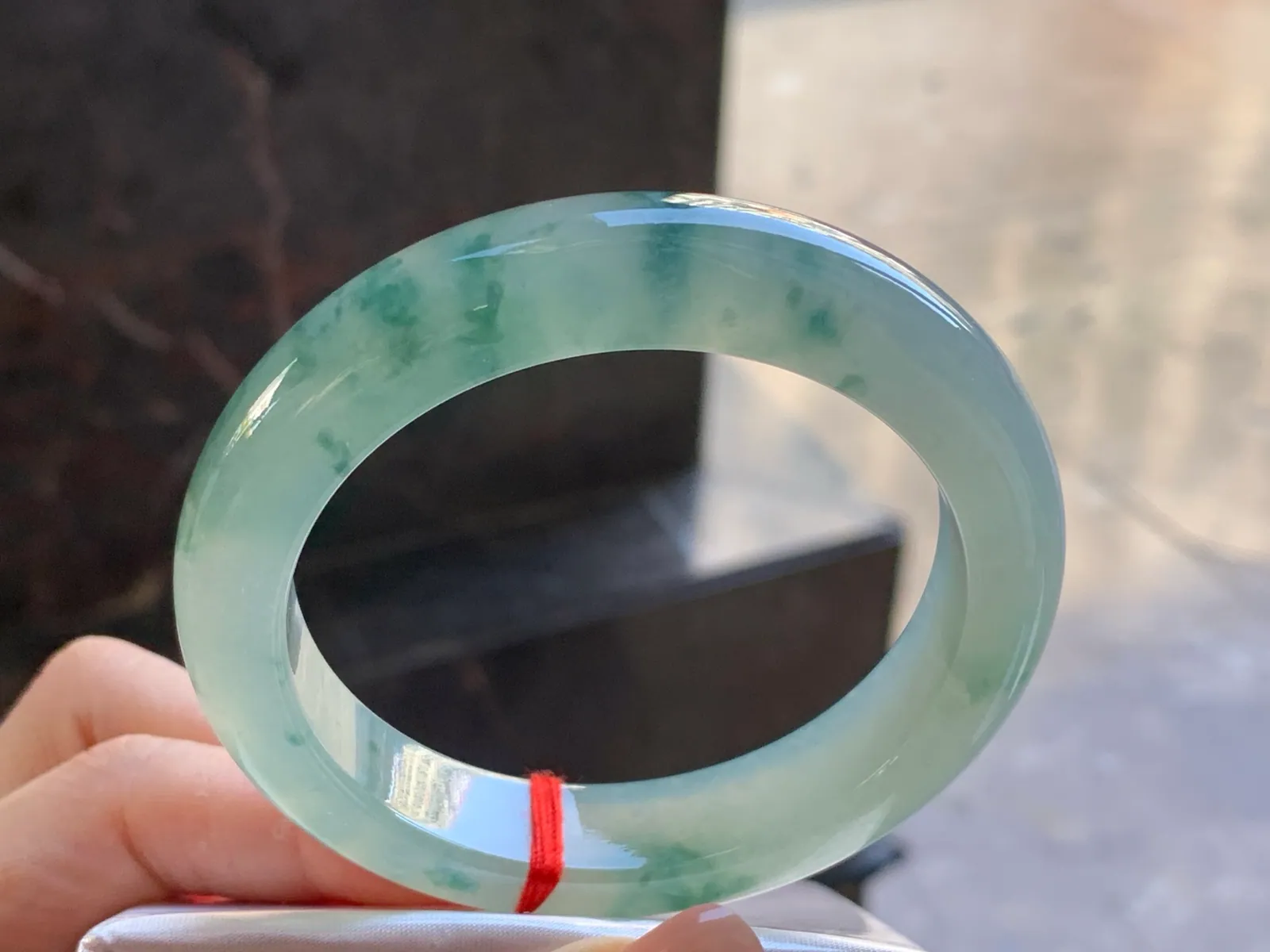 Type A Jadeite Flat Bangle, Icy Blue-Green Flower, 57.3mm