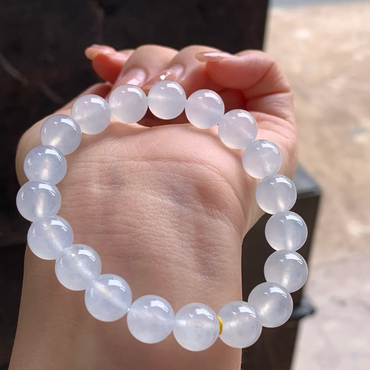 Type A Jadeite Bead Bracelet, Icy White, 9.7mm (3)