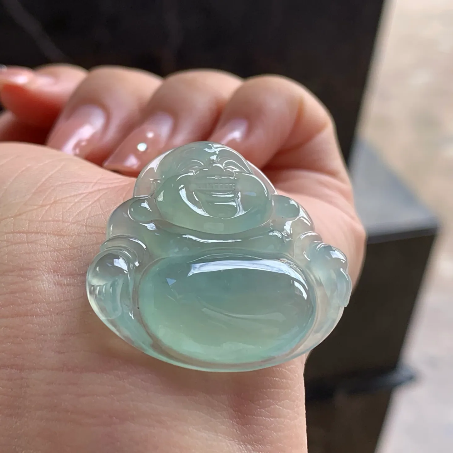 Type A Jadeite Laughing Buddha Pendant, Icy Blue-Green, 36mm (2)