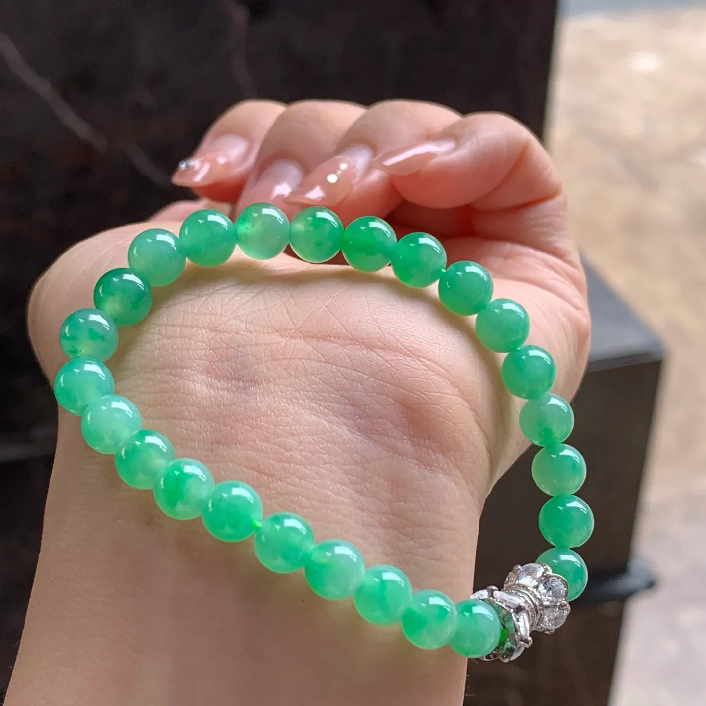 Type A Jadeite Bead Bracelet, Icy Apple Green, 7mm (3)