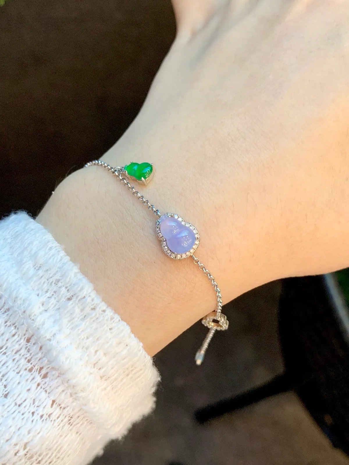 Type A Jadeite Gourd Bracelet, High Icy Lavender, 925 Silver (6)