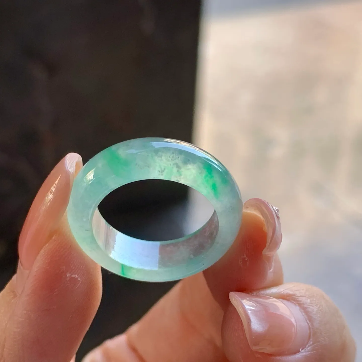 Type A Jadeite Band Ring, Icy Green Flower, 17.7mm (4)