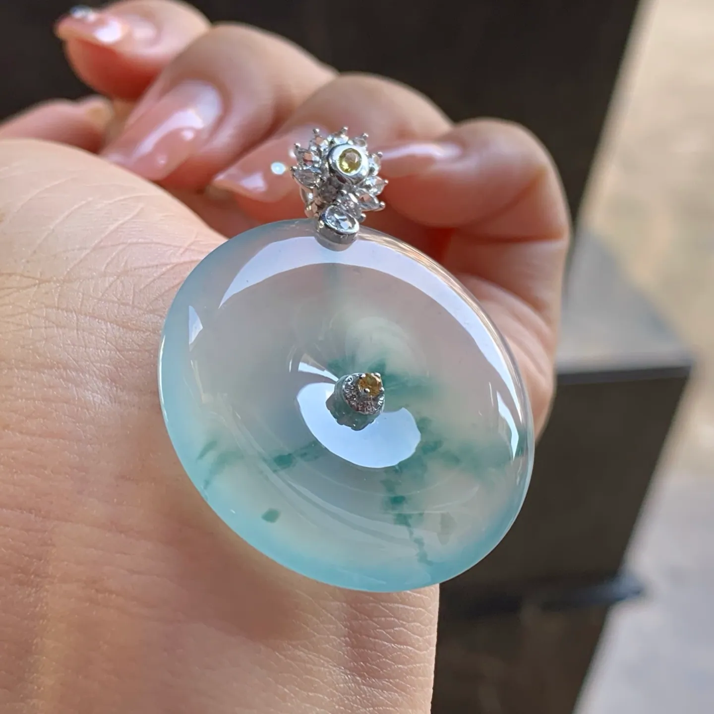 Type A Jadeite Safety Coin Pendant, Icy Flower, Gold Bail (5)