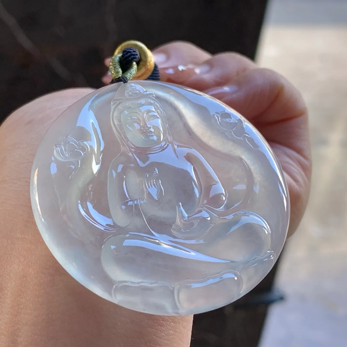 Type A Jadeite Guanyin Pendant, Icy Clear Round Plaque, 52mm (3)