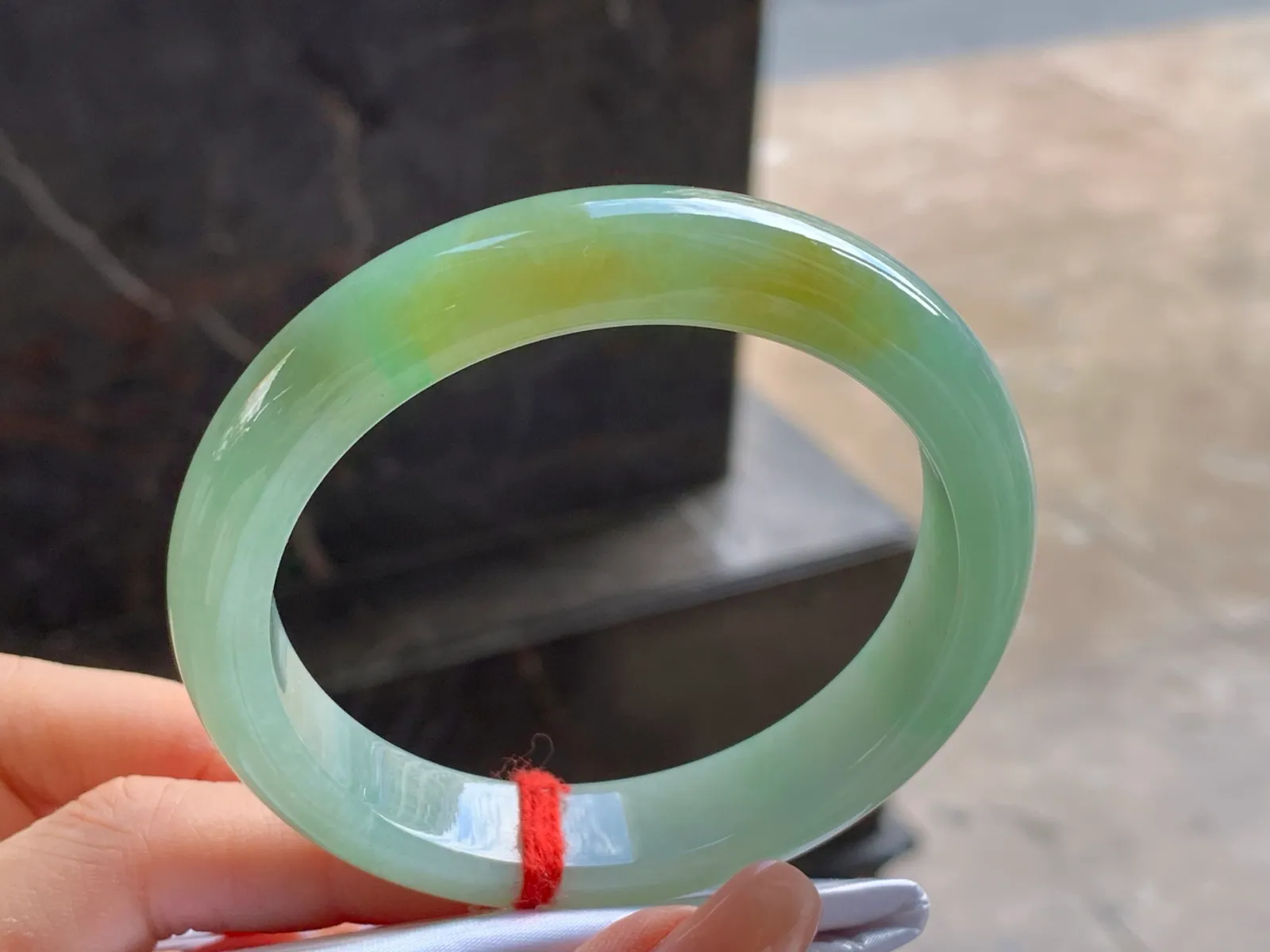 Type A Jadeite Flat Bangle, Yellow and Green, 58mm (3)