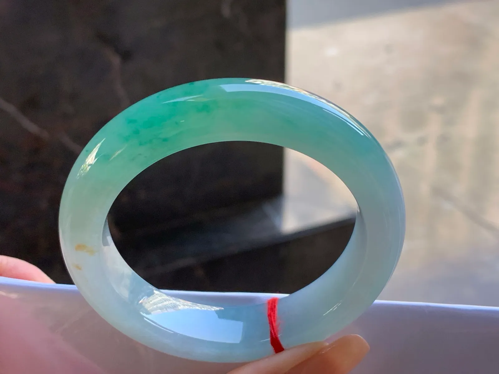 Type A Jadeite Flat Bangle, Blue-Green Band, 55.6mm (7)