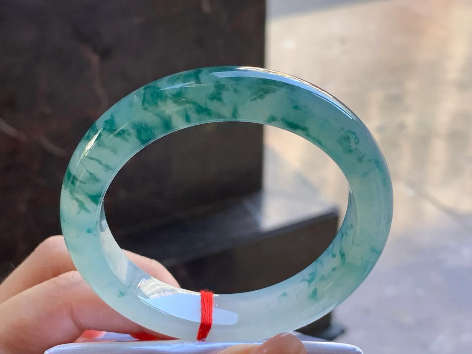 Type A Jadeite Flat Bangle, Icy Dense Blue Flower, 56.9mm