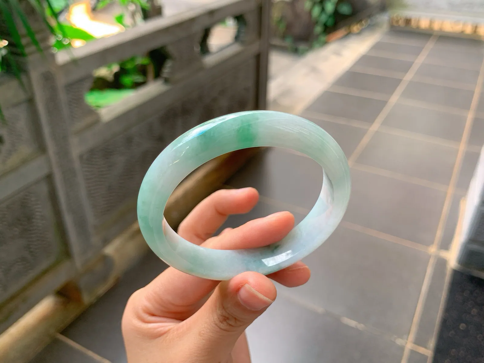 Type A Jadeite Ping'an Bangle, Green Floating Color, 57mm (4)