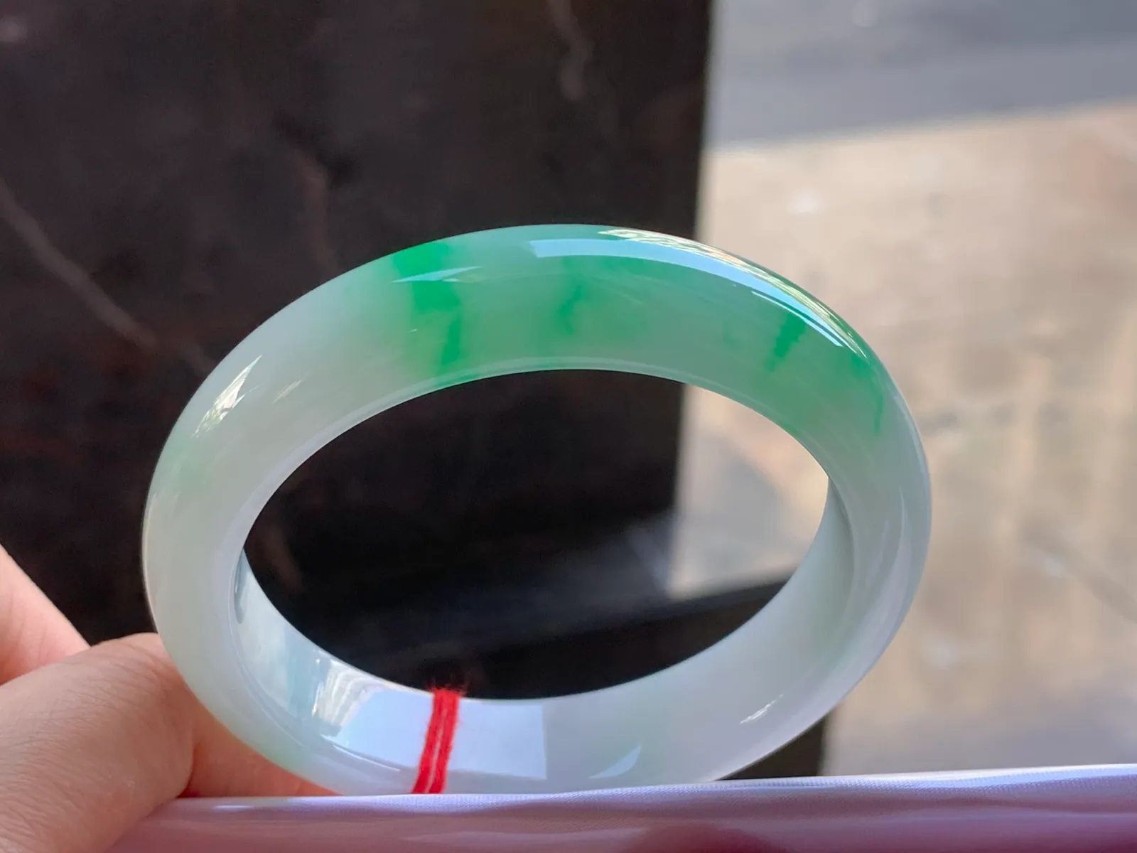 Type A Jadeite Flat Bangle, White and Green, 55.6mm (3)