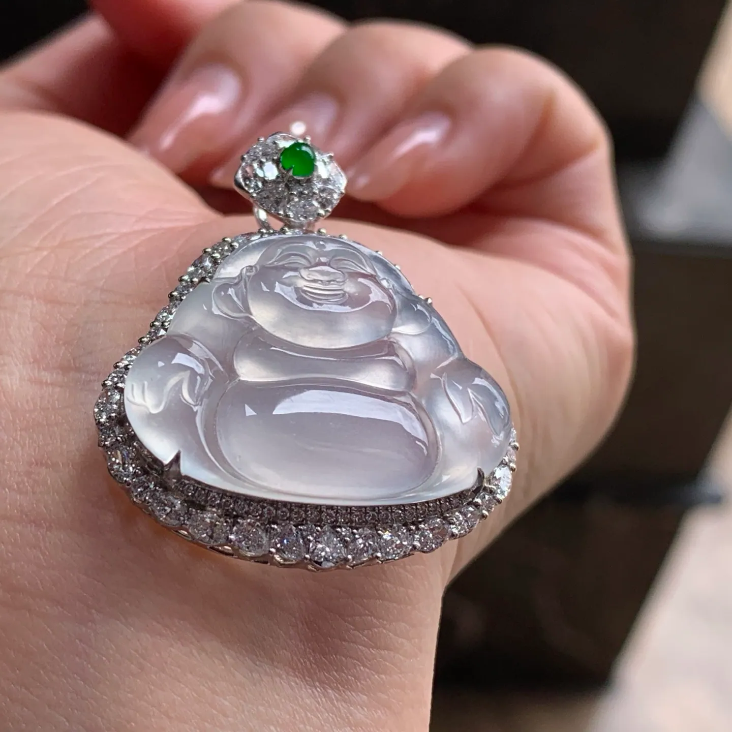 Type A Jadeite Laughing Buddha Pendant, Colorless, 18K Gold (5)