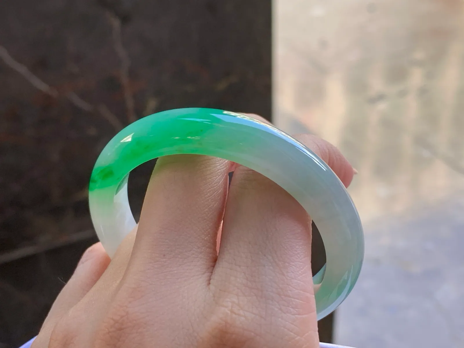 Type A Jadeite Flat Bangle, Icy-Glutinous Green Band, 51.5mm (9)