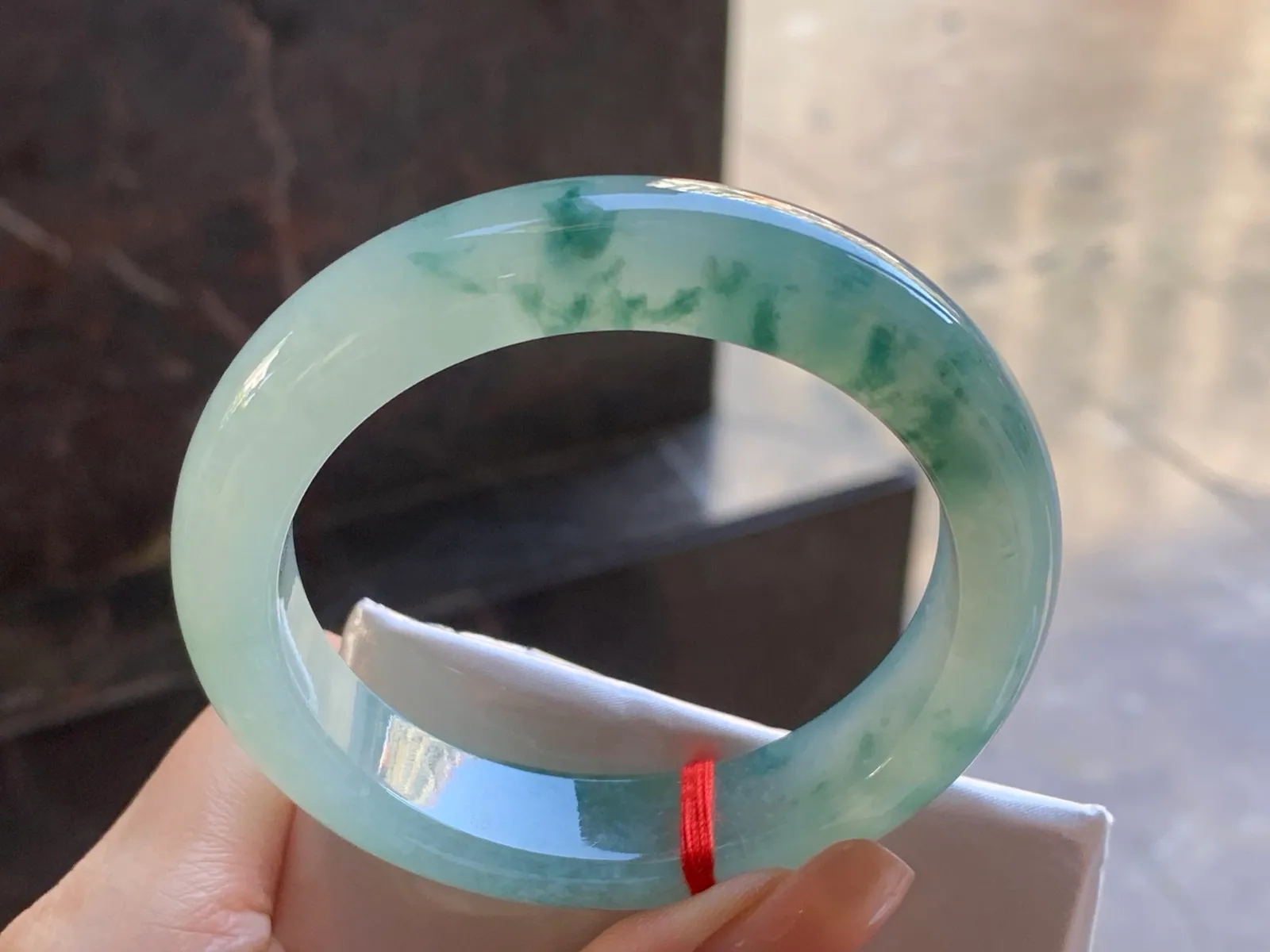 Type A Jadeite Flat Bangle, Icy Blue-Green Flower, 57.3mm (6)