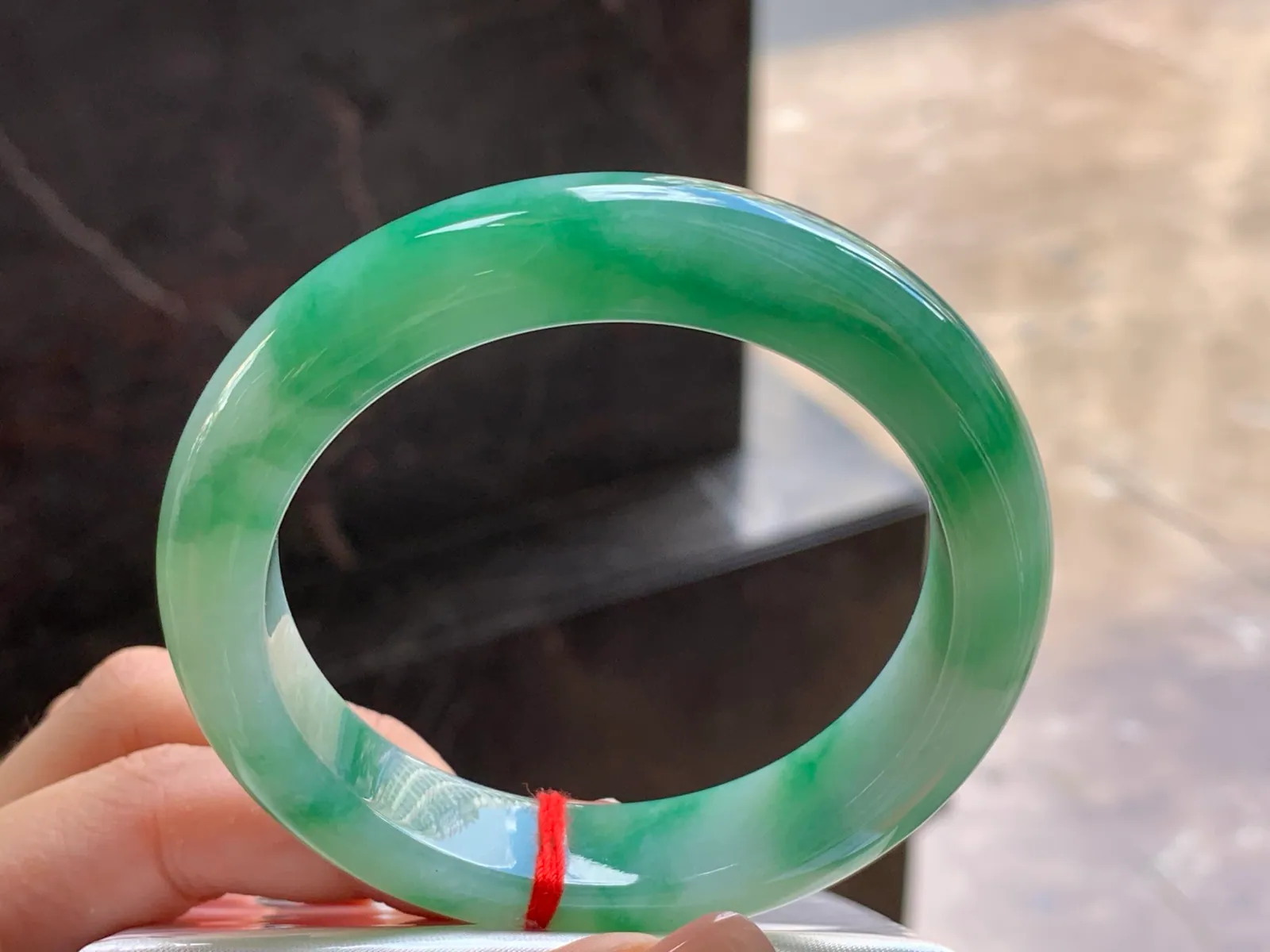 Type A Jadeite Flat Bangle, Green Flower, 57.5mm