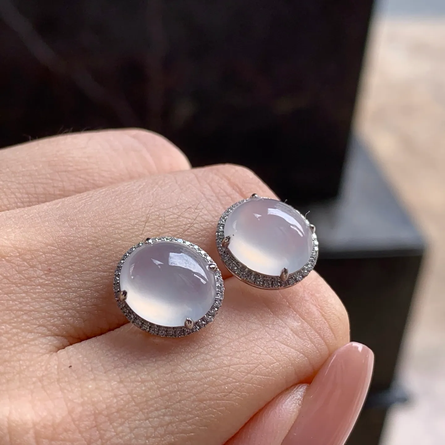 Type A Jadeite Stud Earrings, Icy Clear Cabochon, Gold Set (3)