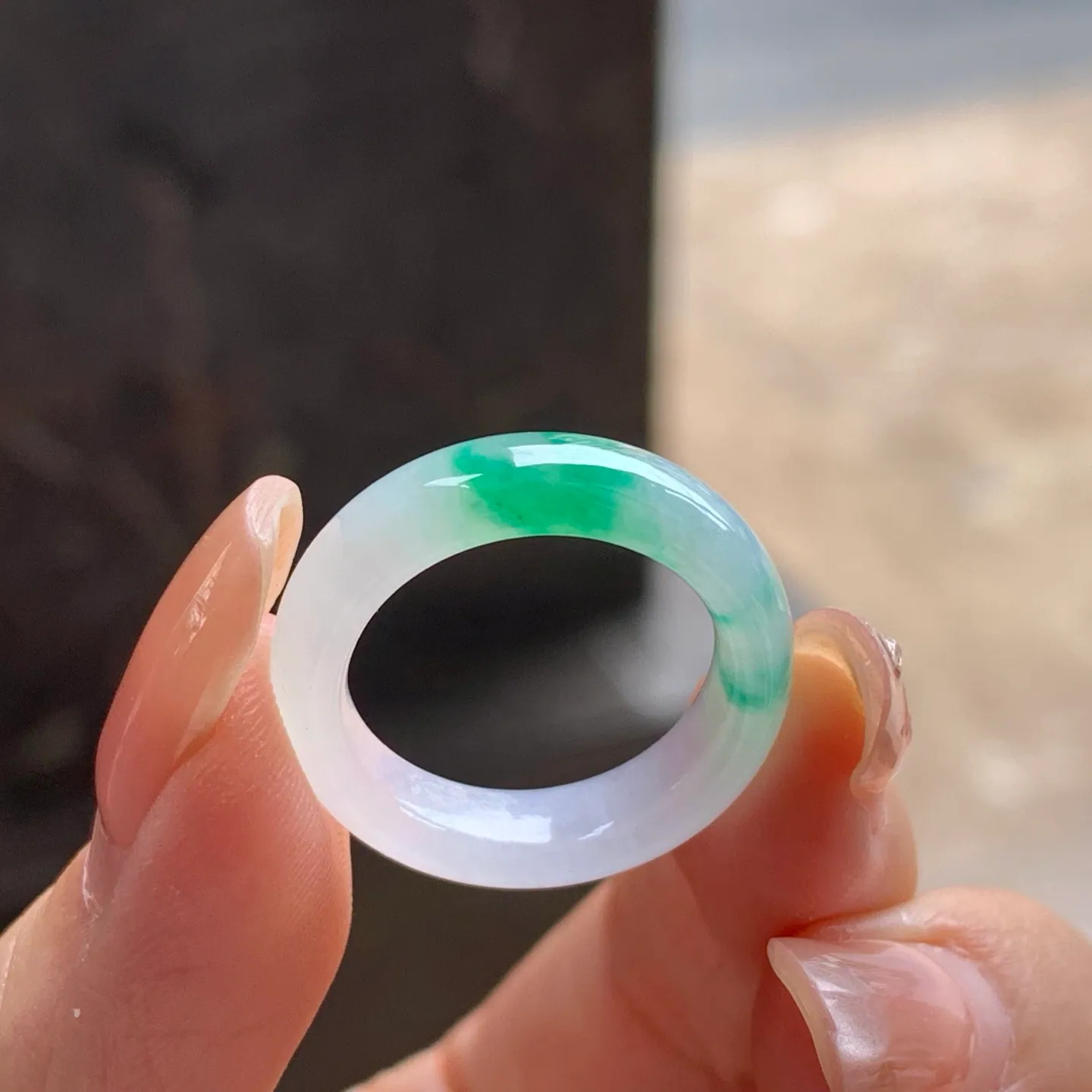 Type A Jadeite Band Ring, Icy Green Flower, 17.1mm
