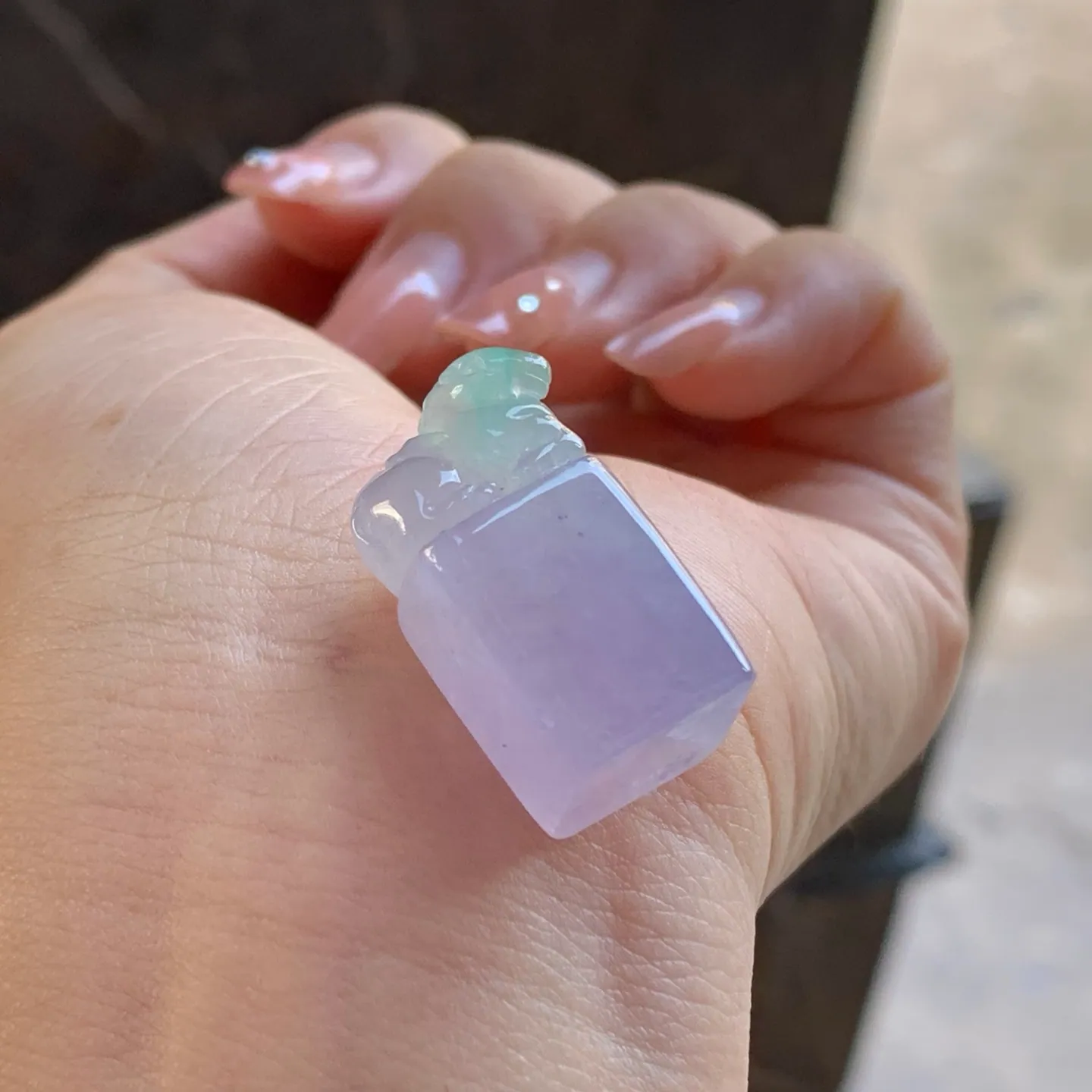 Type A Jadeite Seal Pendant, Lavender with Green Top, 28mm (5)