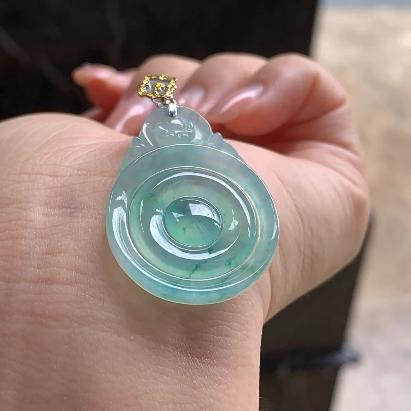 Type A Jadeite Fu Bei Pendant, Icy Blue Flower, Gold Bail (4)