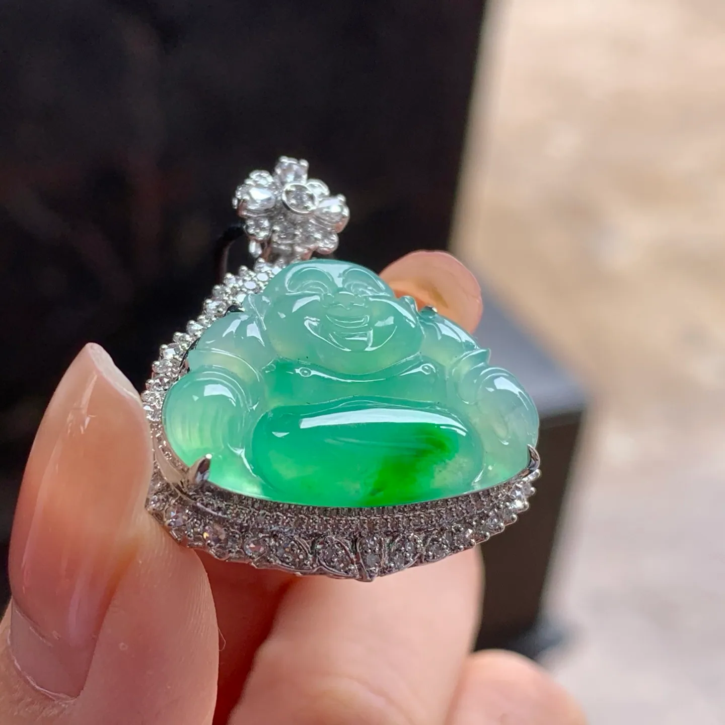 Type A Jadeite Laughing Buddha Pendant, Icy Green, 18K Gold