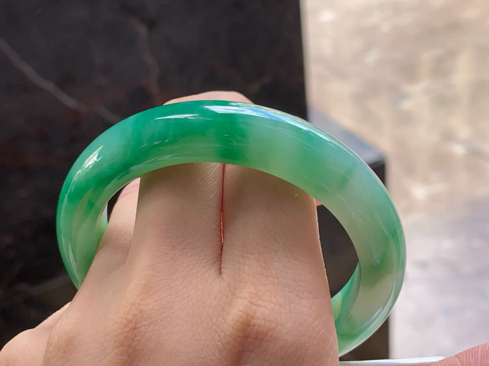Type A Jadeite Flat Bangle, Green Flower, 57.5mm (9)