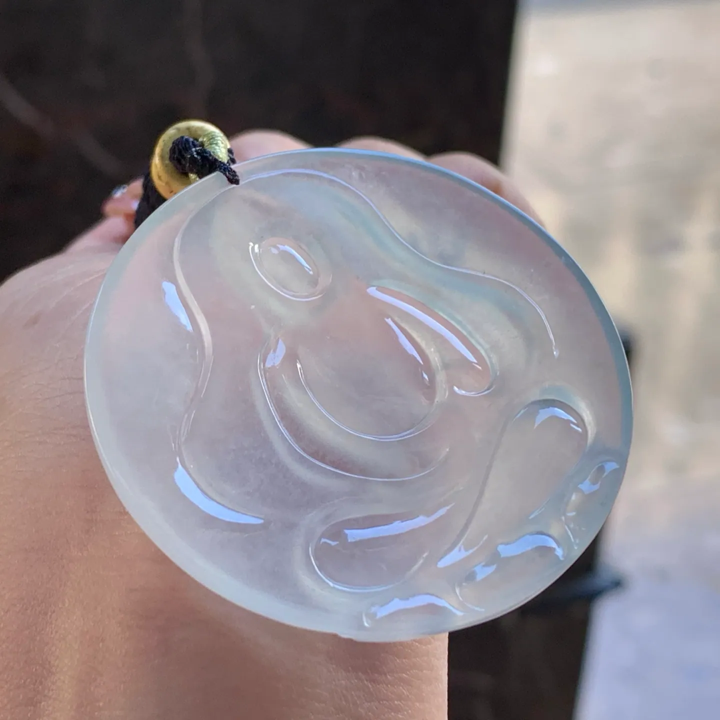 Type A Jadeite Guanyin Pendant, Icy Clear Round Plaque, 52mm (6)