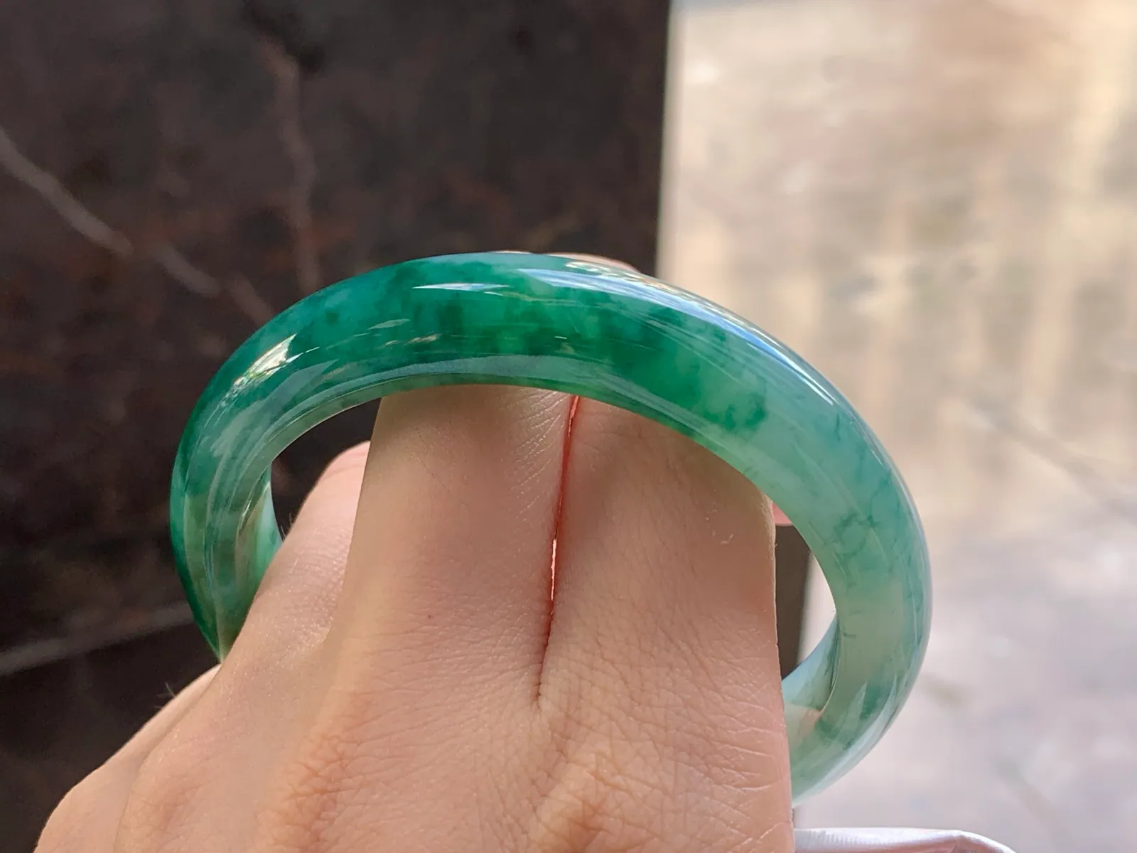 Type A Jadeite Flat Bangle, Deep Green Flower, 56.4mm (10)