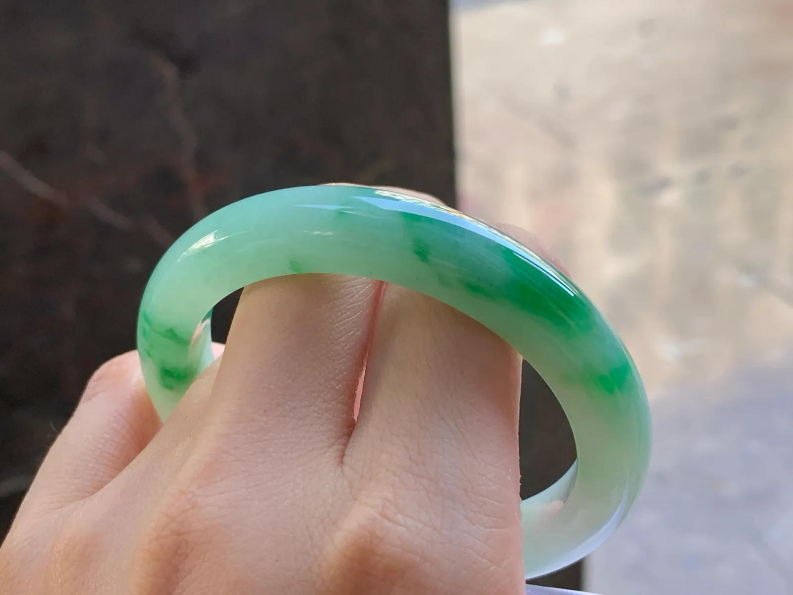Type A Jadeite Flat Bangle, Icy-Glutinous Green Flower, 54mm (9)