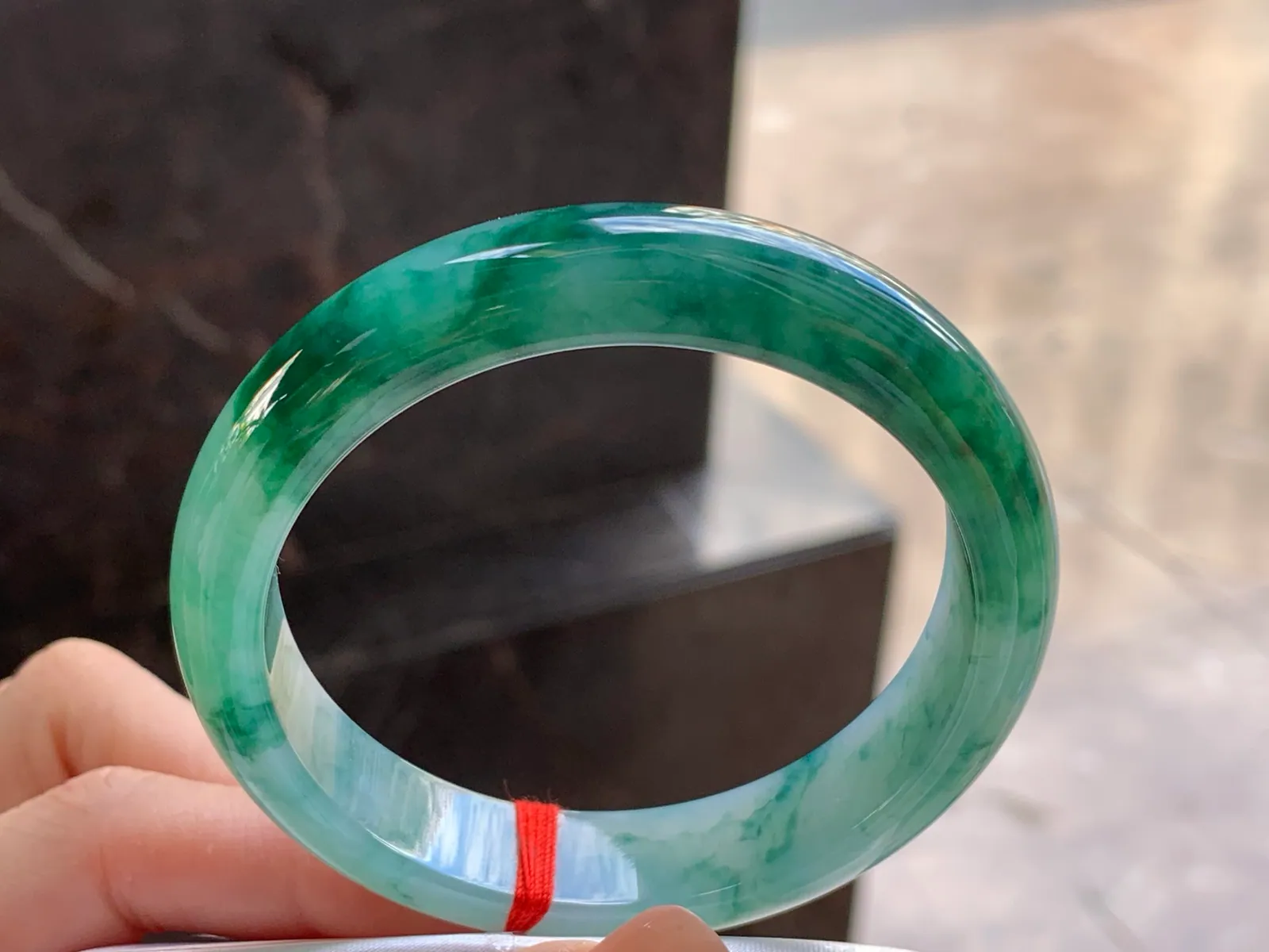 Type A Jadeite Flat Bangle, Deep Green Flower, 56.4mm
