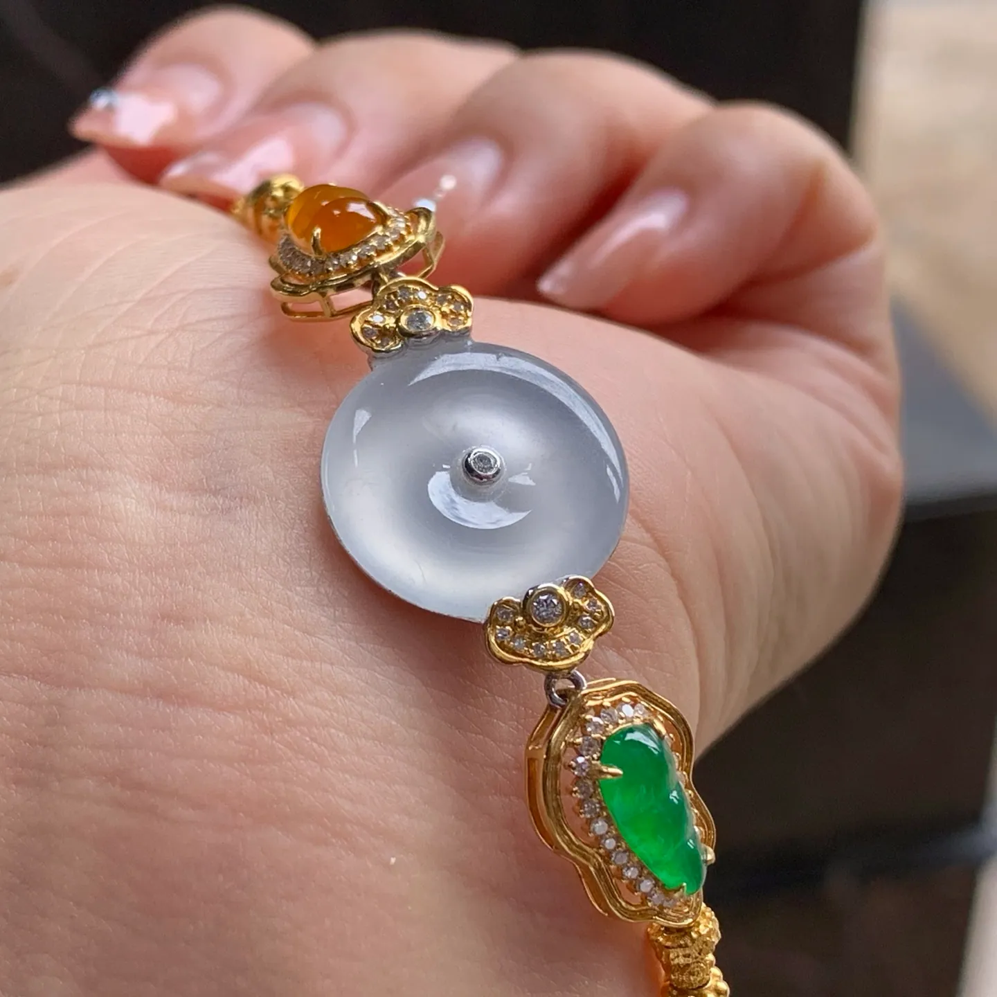 Type A Jadeite Gold Bracelet, Icy Safety Coin, Multicolor (4)