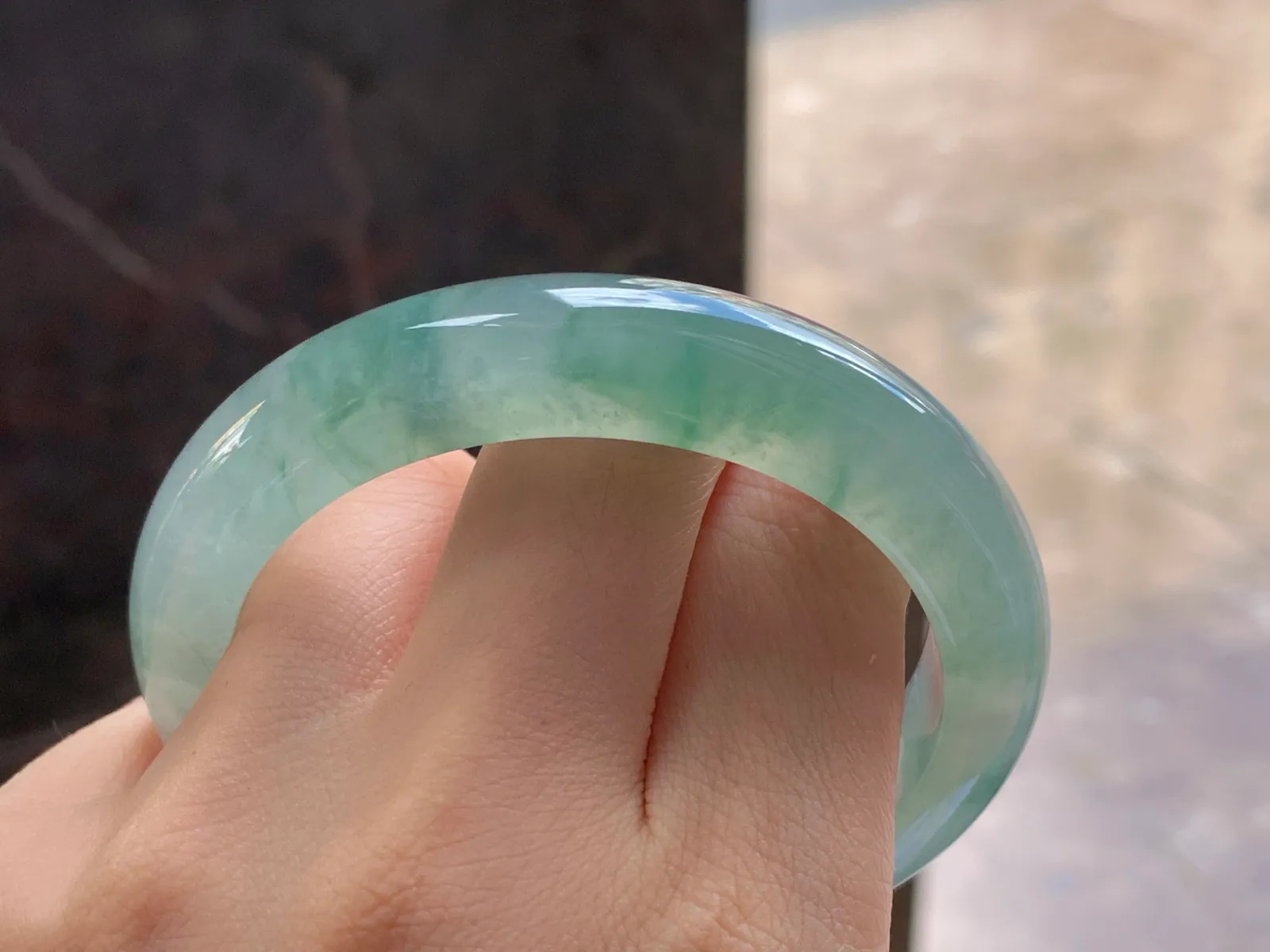 Type A Jadeite Flat Bangle, Icy Blue Flower, 56mm (10)