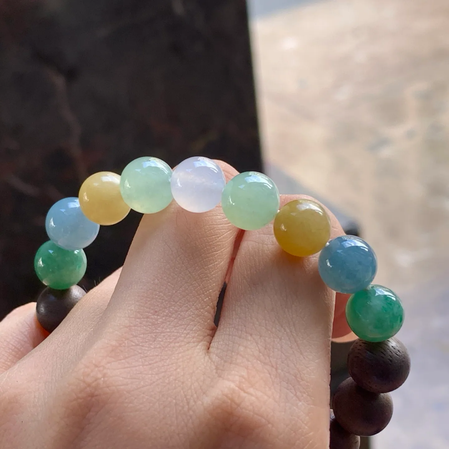 Type A Jadeite and Wood Bead Bracelet, Multicolor, 9.7mm (6)