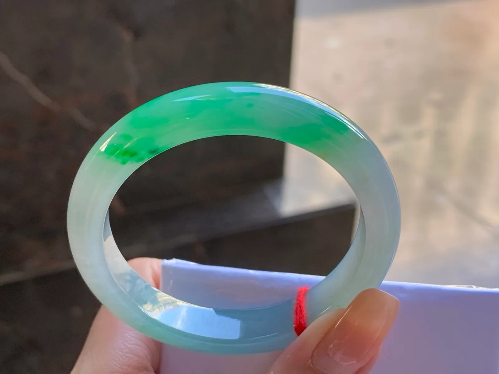 Type A Jadeite Flat Bangle, Icy-Glutinous Green Band, 51.5mm (7)