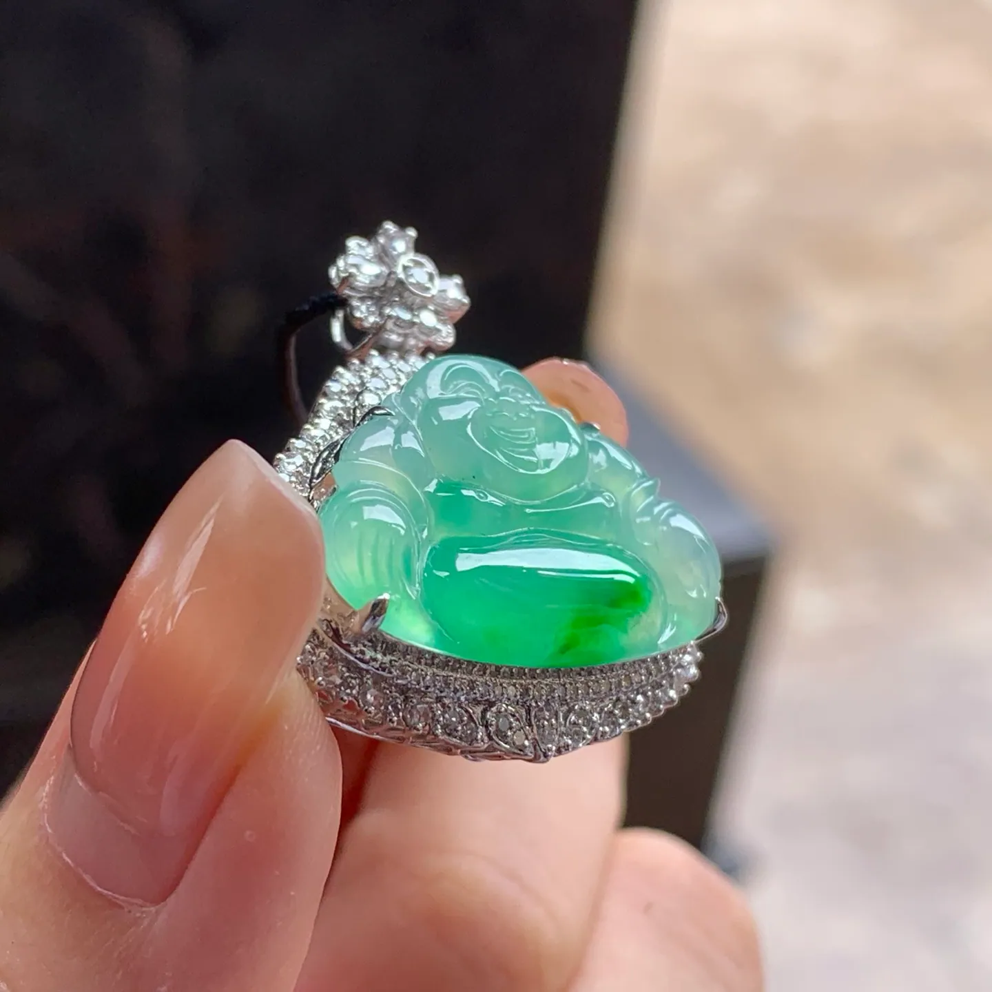 Type A Jadeite Laughing Buddha Pendant, Icy Green, 18K Gold (5)