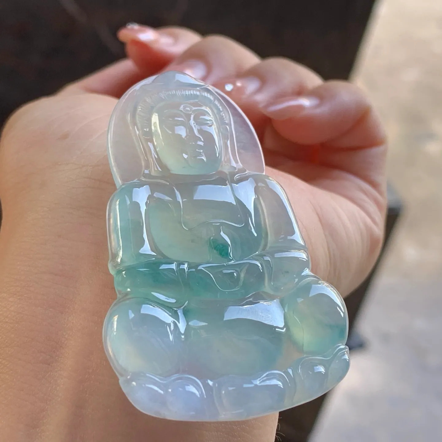 Type A Jadeite Guanyin Pendant, Icy Blue-Green, Lotus, 61mm