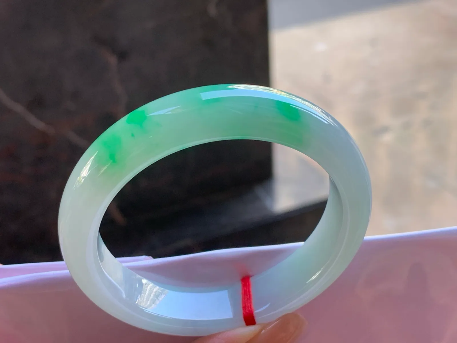 Type A Jadeite Flat Bangle, White and Green, 55.6mm (5)