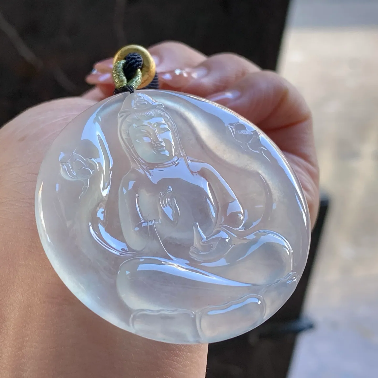 Type A Jadeite Guanyin Pendant, Icy Clear Round Plaque, 52mm