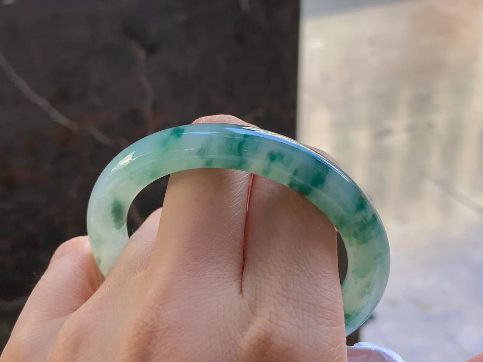 Natural Type A Jadeite Round Bangle, Floating Flower, 51.5mm (8)