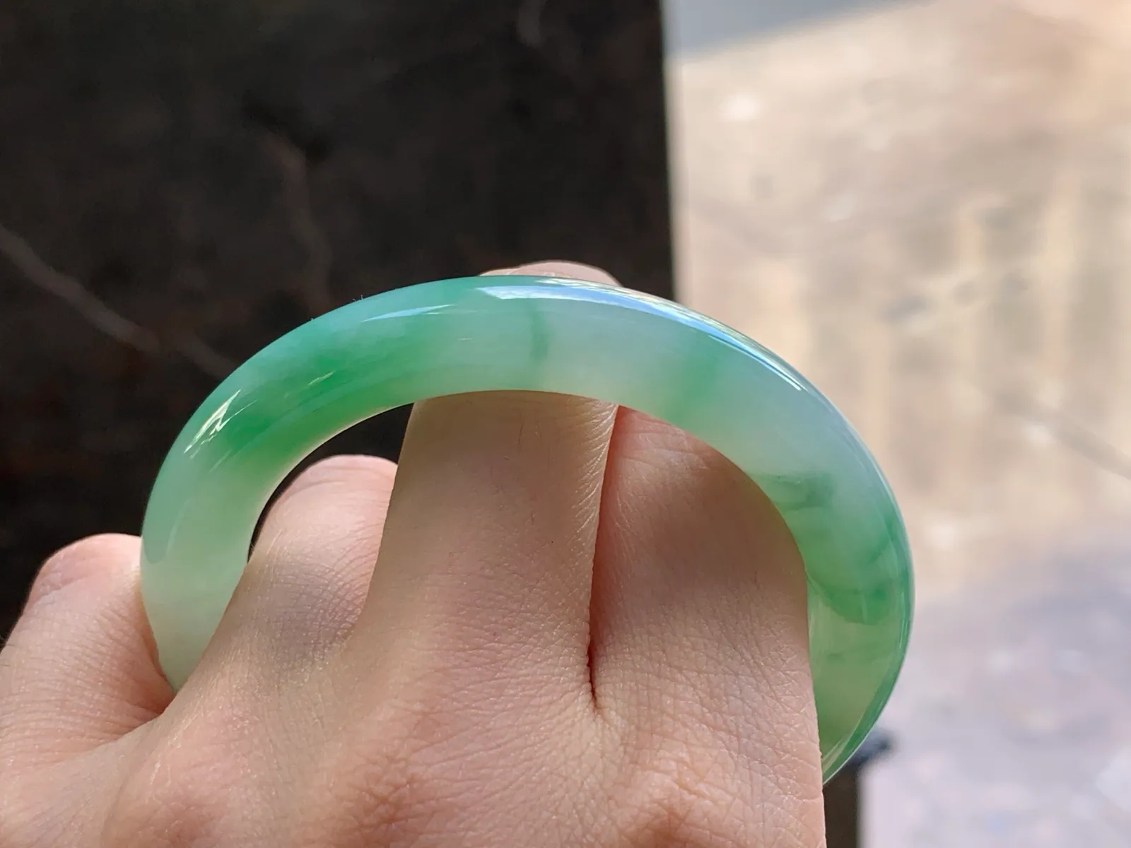Natural Type A Jadeite Round Bangle, Green Floral, 52.3mm (7)
