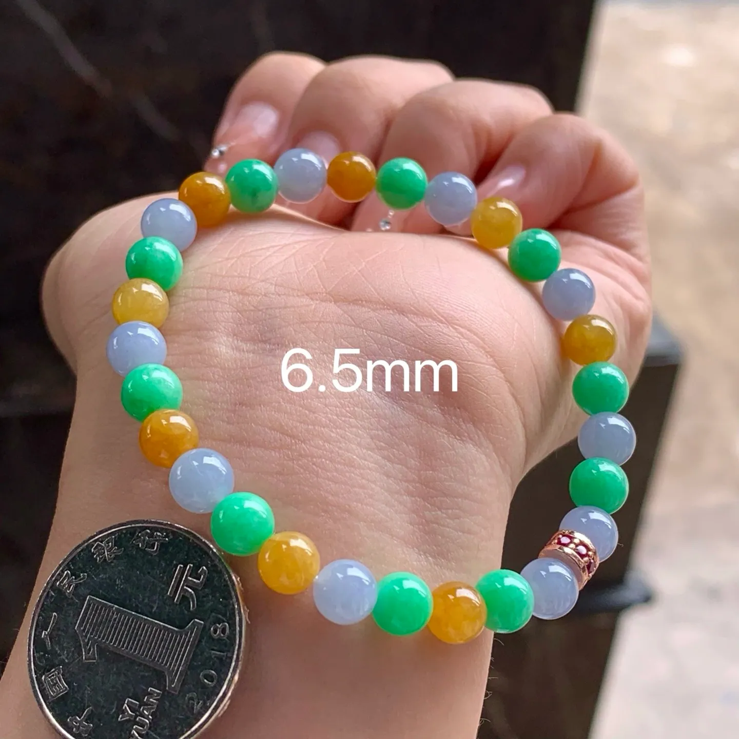 Type A Jadeite Bead Bracelet, Fu Lu Shou 3 Colors, 6.5mm
