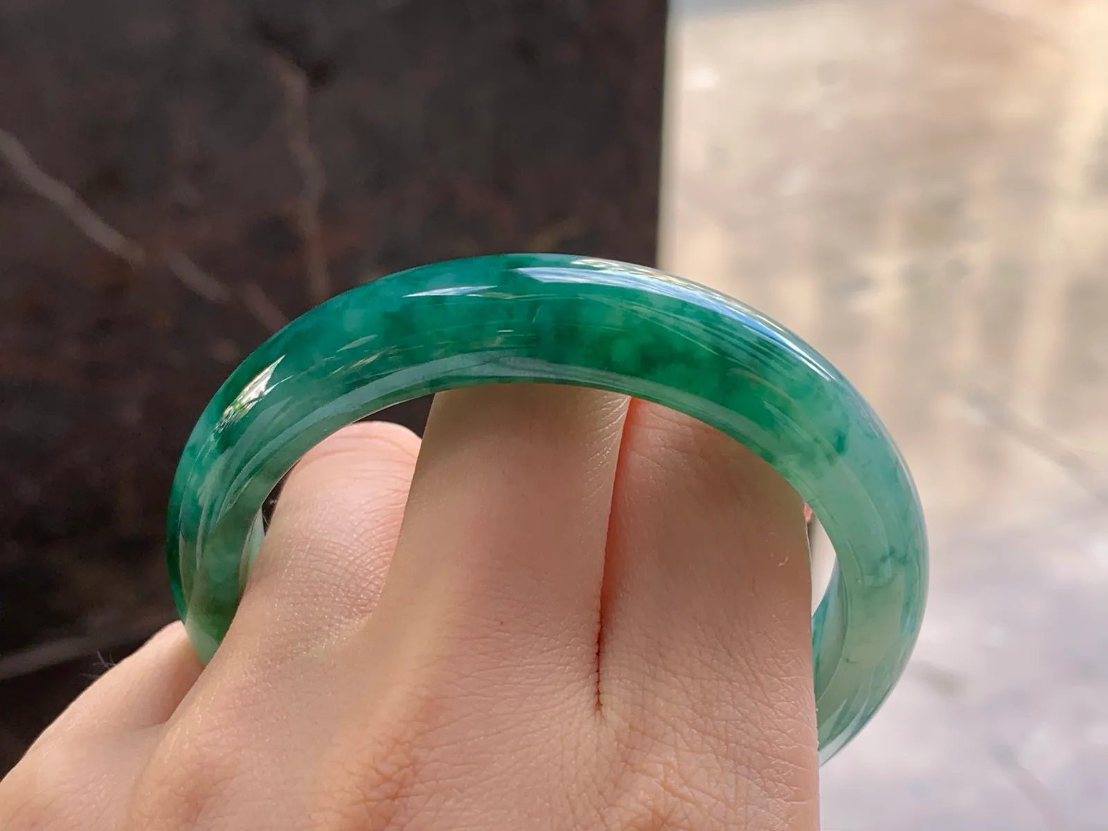Type A Jadeite Flat Bangle, Deep Green Flower, 56.4mm (8)