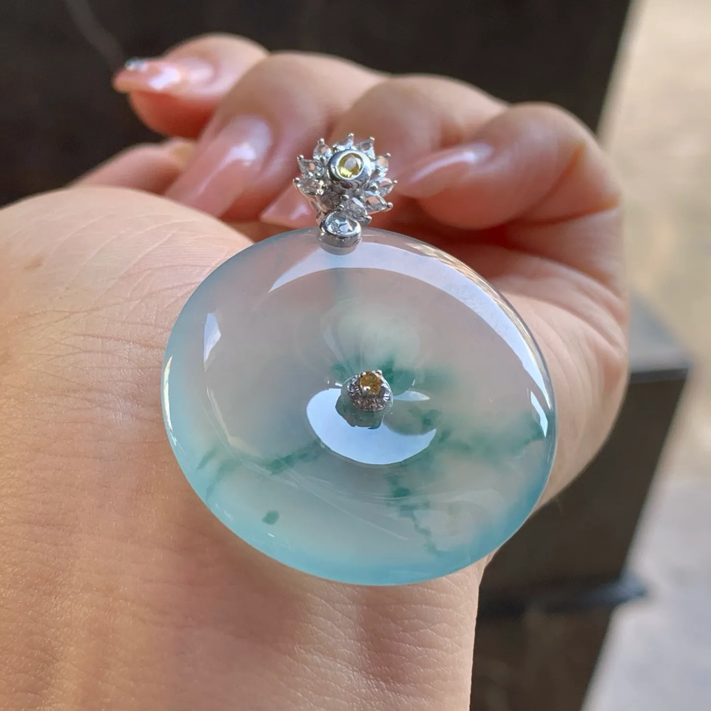 Type A Jadeite Safety Coin Pendant, Icy Flower, Gold Bail (3)
