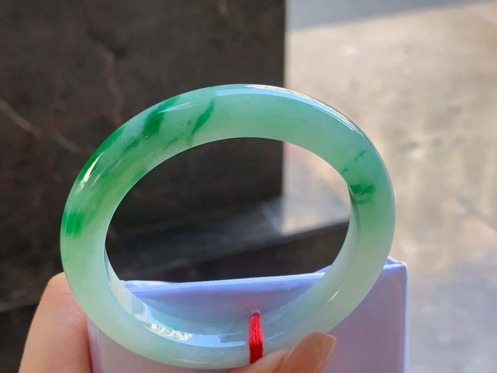 Type A Jadeite Flat Bangle, Icy-Glutinous Green Flower, 54mm (5)