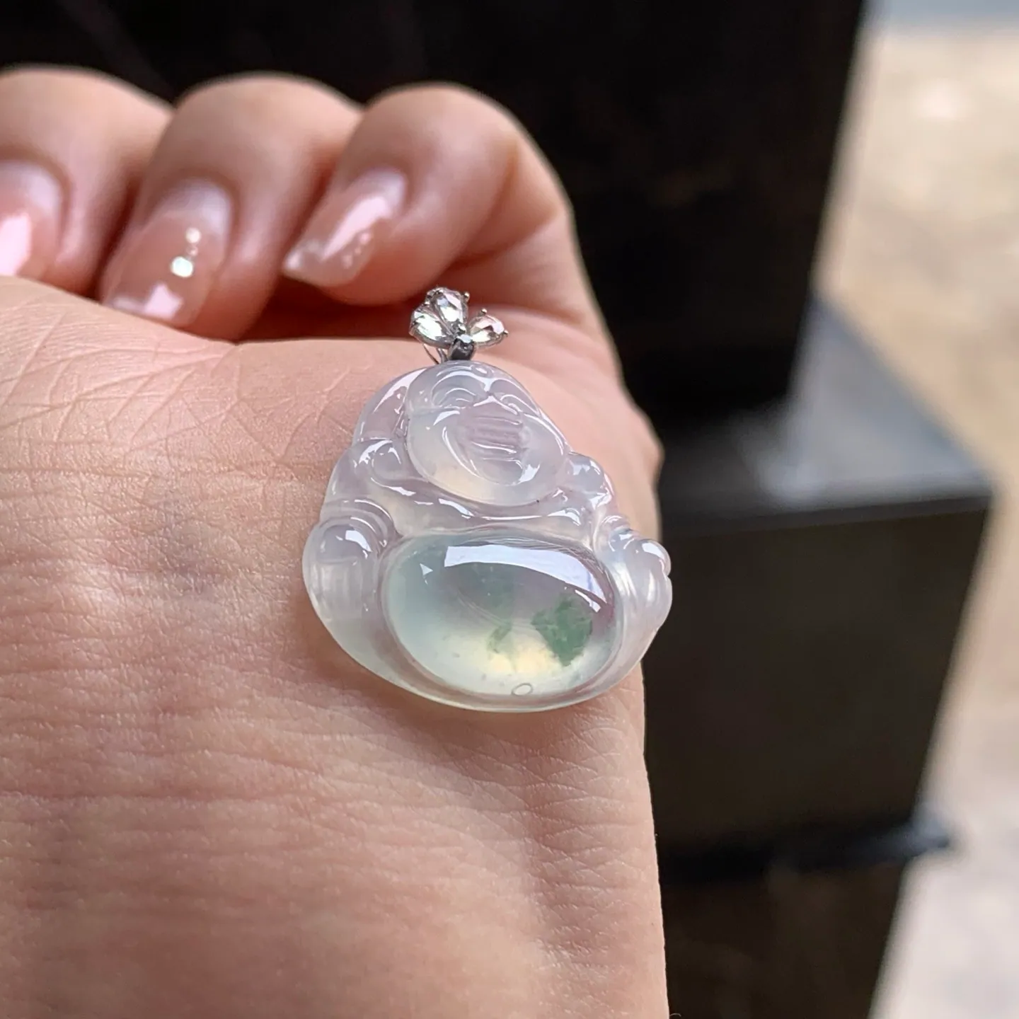 Type A Jadeite Buddha Pendant, Icy Floating Flower, 18K Bail (5)