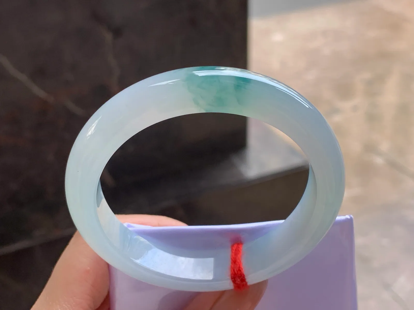 Type A Jadeite Flat Bangle, Blue-Green Flower, 57mm (6)