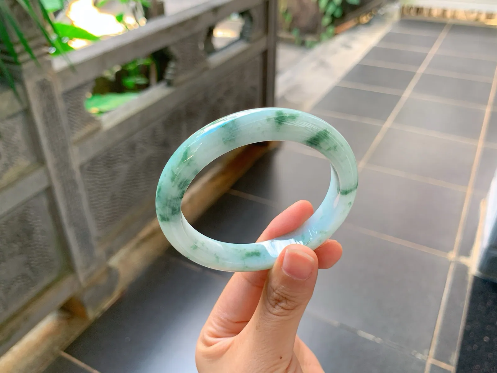 Type A Jadeite Ping'an Bangle, Ink-Wash Flower, 58mm